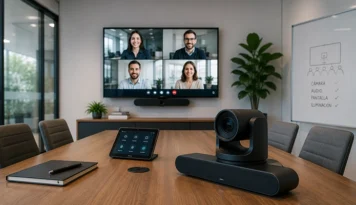 Cámara de videoconferencia profesional integrada en una sala de reuniones moderna con pantalla, sistema de audio y tecnología para reuniones híbridas.