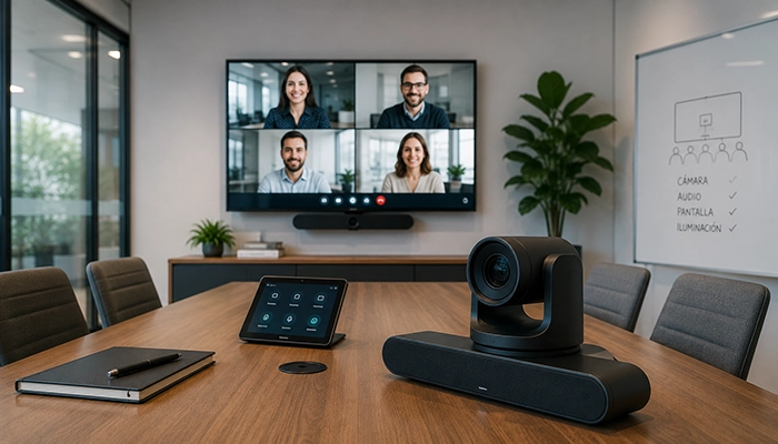 Cámara de videoconferencia profesional integrada en una sala de reuniones moderna con pantalla, sistema de audio y tecnología para reuniones híbridas.