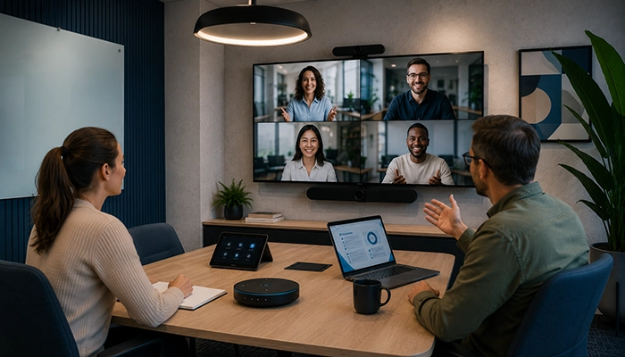 Sala de reuniones híbridas con participantes presenciales, videoconferencia, pantalla profesional y sistema de audio integrado.
