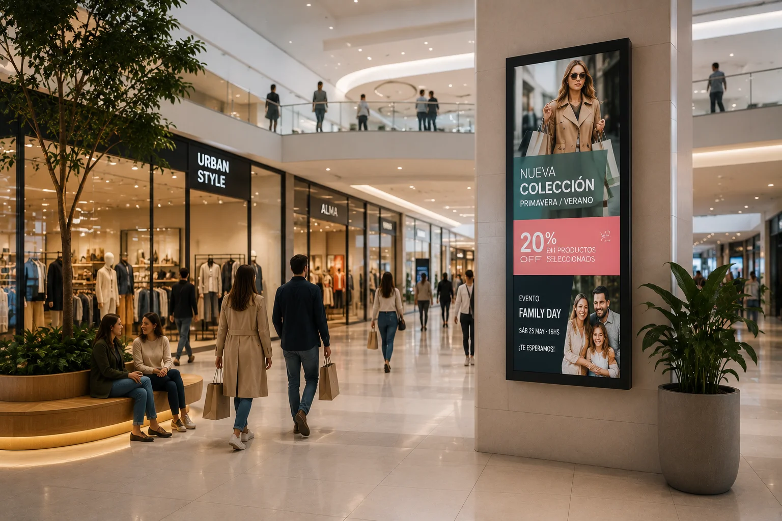 Paseo de shopping con vista de digital signage pensado para retail