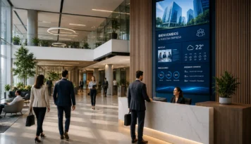 Recepción corporativa con digital signage mostrando la información de la empresa