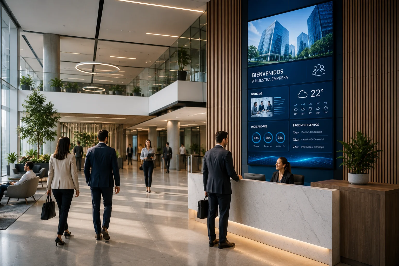 Recepción corporativa con digital signage mostrando la información de la empresa
