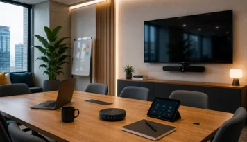 Sala de reuniones equipada con pantalla profesional, sistema de audio y panel de control para una integración tecnológica eficiente.