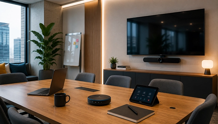 Sala de reuniones equipada con pantalla profesional, sistema de audio y panel de control para una integración tecnológica eficiente.