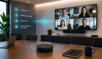 Sala de reuniones con sistema de audio profesional, micrófono de mesa y videoconferencia con participantes remotos.