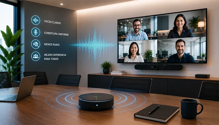 Sala de reuniones con sistema de audio profesional, micrófono de mesa y videoconferencia con participantes remotos.