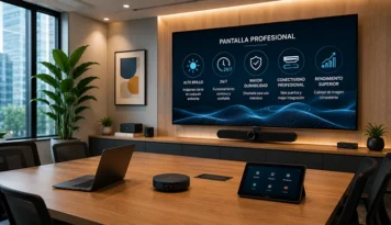 Sala de reuniones moderna con pantalla profesional, sistema de videoconferencia y tecnología audiovisual integrada para uso corporativo.