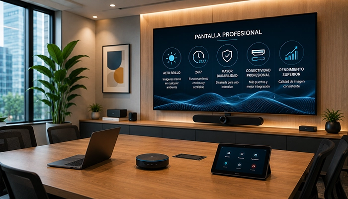 Sala de reuniones moderna con pantalla profesional, sistema de videoconferencia y tecnología audiovisual integrada para uso corporativo.