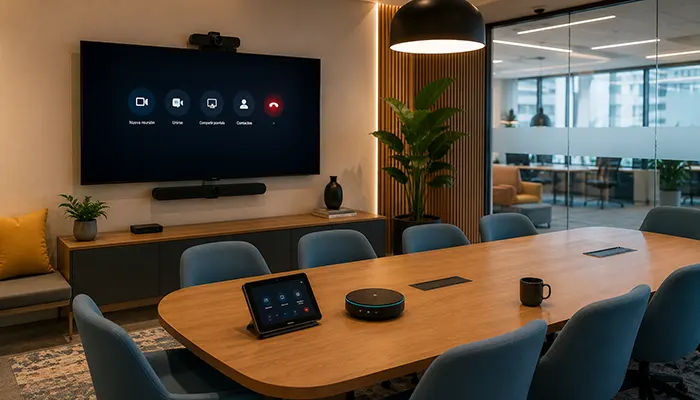 Sala de reuniones moderna equipada con pantalla profesional, videoconferencia, sistema de audio y tecnología audiovisual integrada.