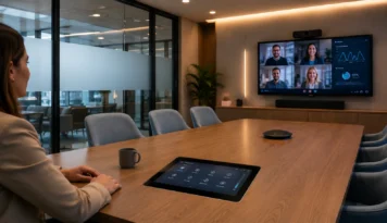 Sala de videoconferencias con equipo de audio y video, se visualiza una persona en la sala y cuatro personas más en la pantalla