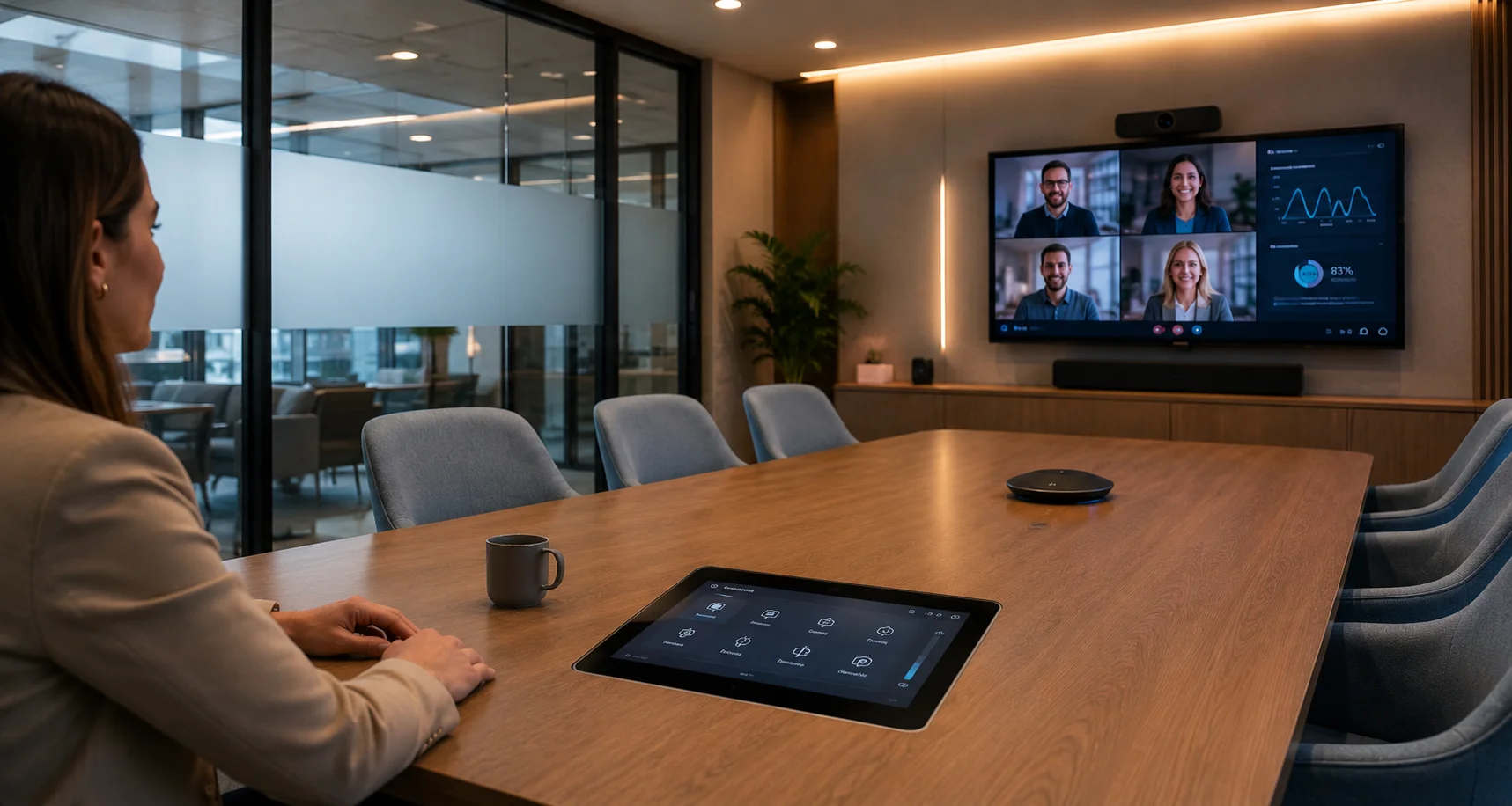 Sala de videoconferencias con equipo de audio y video, se visualiza una persona en la sala y cuatro personas más en la pantalla