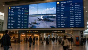 Pantalla de video wall en aeropuerto, con iinformación de llegadas y partidas de vuelos