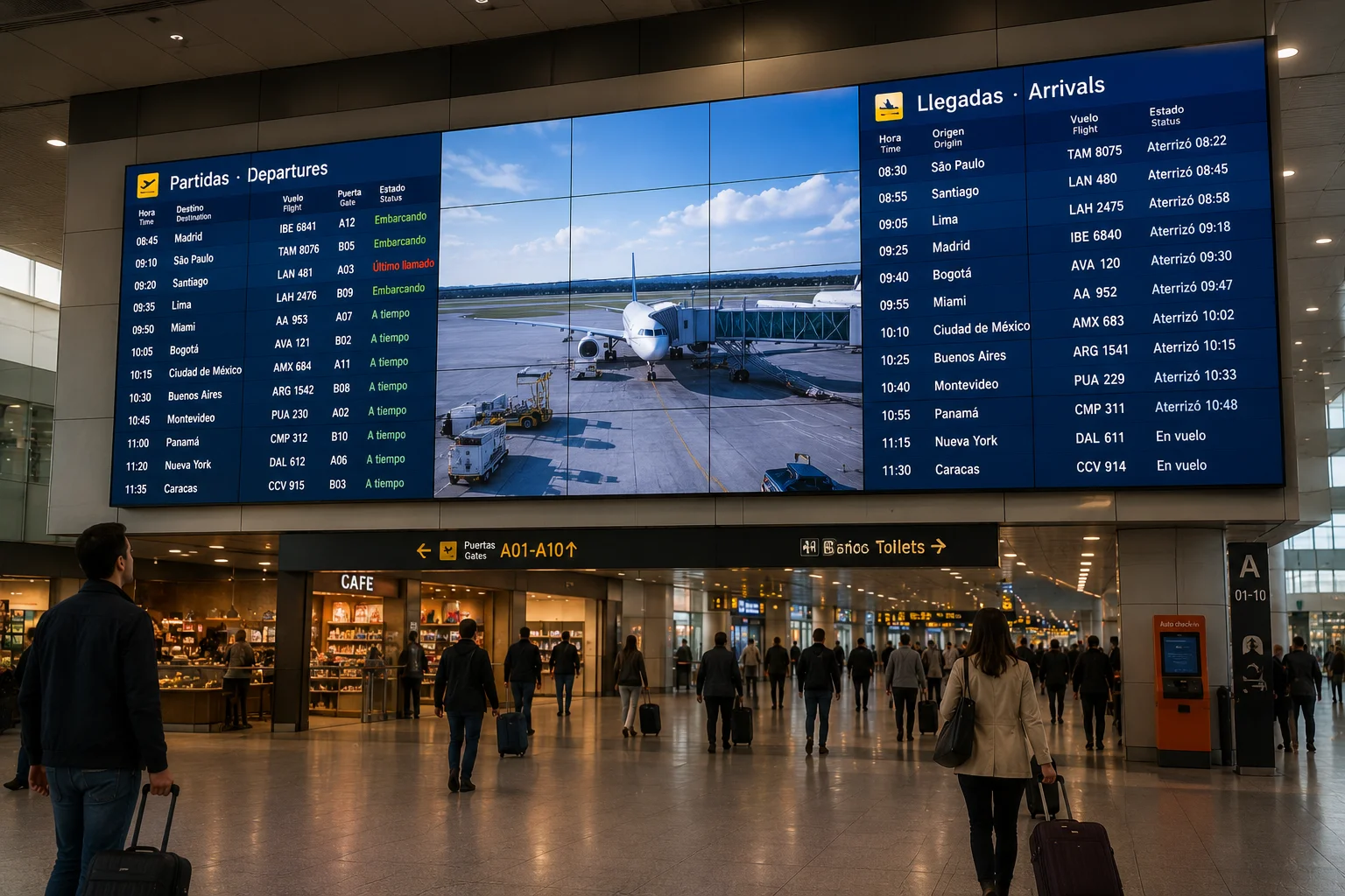 Pantalla de video wall en aeropuerto, con iinformación de llegadas y partidas de vuelos