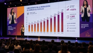 Imagen de escenario de una conferencia con video wall de apoyo detrás del conferenciante