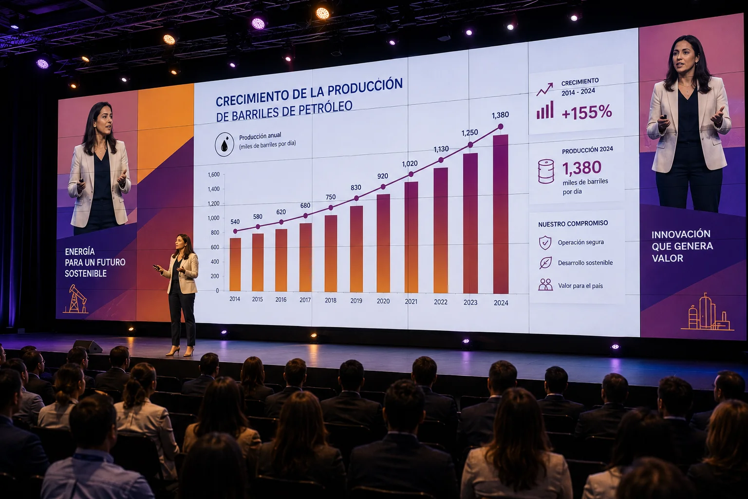Imagen de escenario de una conferencia con video wall de apoyo detrás del conferenciante