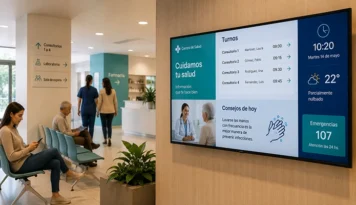 Pantalla de Digital Signage en un centro de salud mostrando turnos, información y orientación para pacientes.