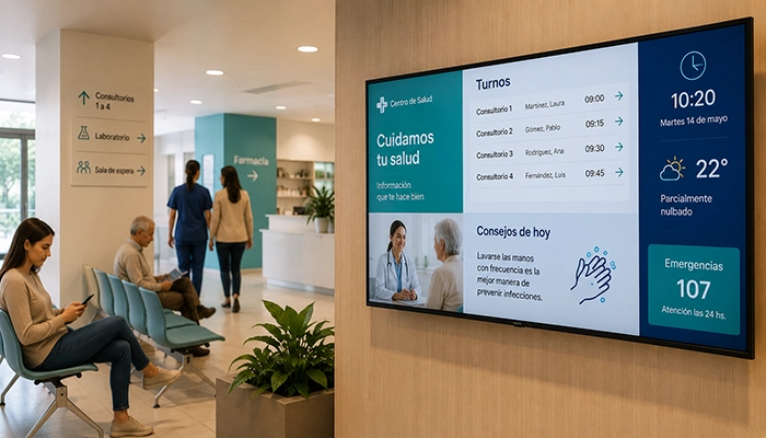 Pantalla de Digital Signage en un centro de salud mostrando turnos, información y orientación para pacientes.