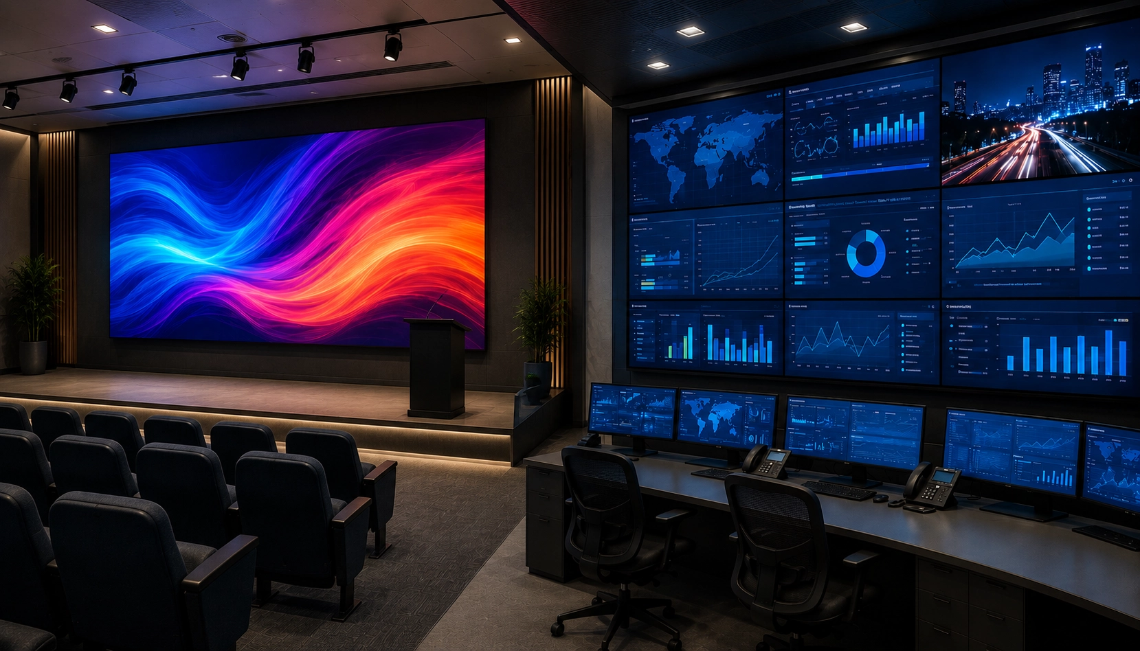 Pantalla LED en un auditorio y VideoWall en un centro de control, mostrando las diferencias entre ambas soluciones audiovisuales.