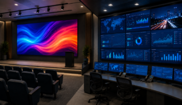 Pantalla LED en un auditorio y VideoWall en un centro de control, mostrando las diferencias entre ambas soluciones audiovisuales.