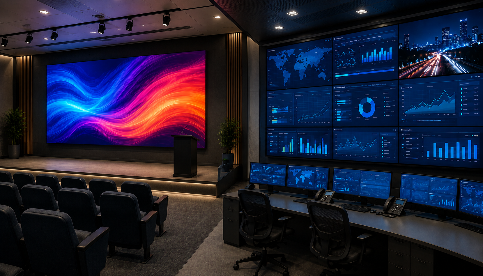 Pantalla LED en un auditorio y VideoWall en un centro de control, mostrando las diferencias entre ambas soluciones audiovisuales.