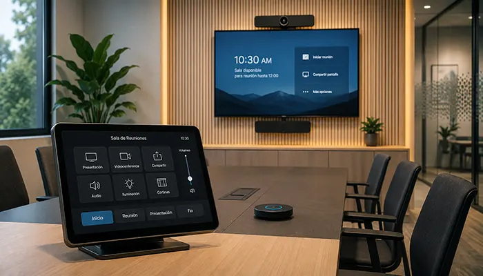 Panel táctil de un sistema de control para manejar pantalla, videoconferencia, audio, iluminación y cortinas en una sala de reuniones.