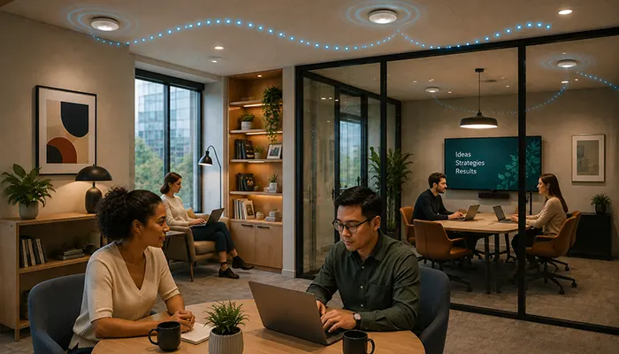 Oficina moderna con sistema de Sound Masking para mejorar la privacidad de las conversaciones y reducir distracciones.