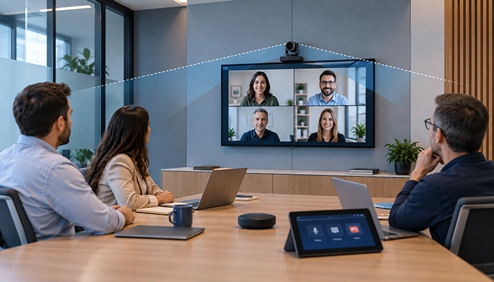Sala de reuniones con cámara de videoconferencia ubicada para lograr un encuadre adecuado de los participantes.
