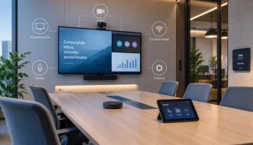 Sala de reuniones con audio, video, conectividad y control integrados en una solución audiovisual.