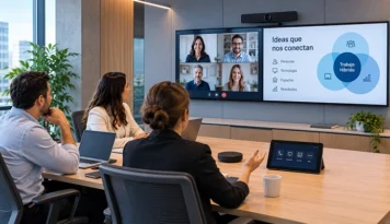 Sala de reuniones preparada para trabajo híbrido con participantes presenciales y remotos conectados por videoconferencia.