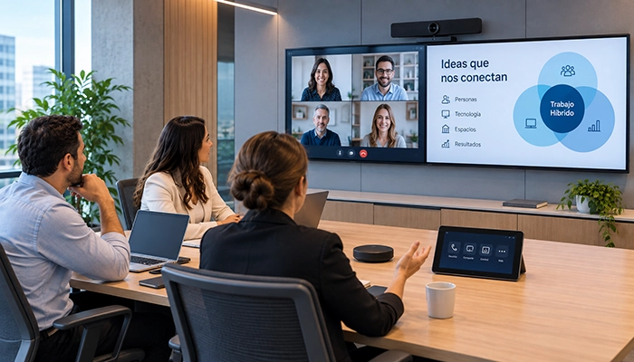 Sala de reuniones preparada para trabajo híbrido con participantes presenciales y remotos conectados por videoconferencia.