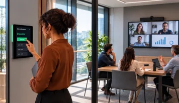 Mujer reservando una sala de reuniones mientras un equipo participa en una videoconferencia.