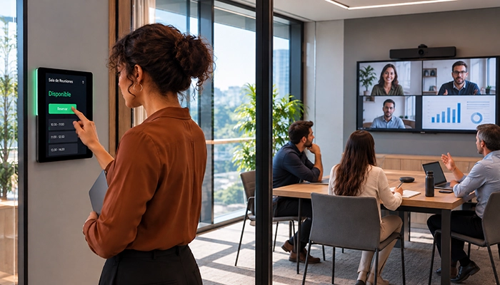 Mujer reservando una sala de reuniones mientras un equipo participa en una videoconferencia.