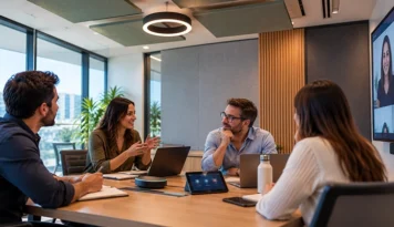 Equipo colaborando en una sala de reuniones con tecnología audiovisual integrada.