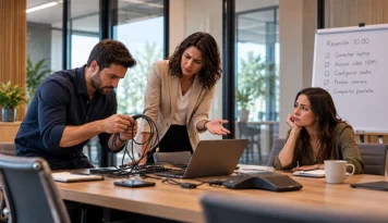 Equipo con dificultades para conectar los dispositivos en una sala de reuniones.