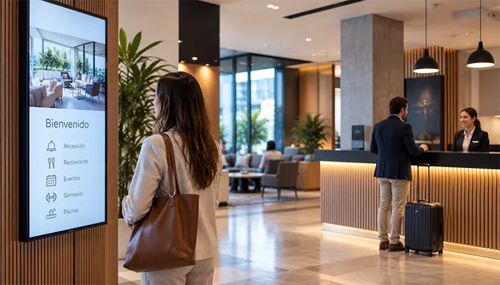 Hotel con cartelería digital informativa y tecnología audiovisual integrada para mejorar la experiencia de los huéspedes.